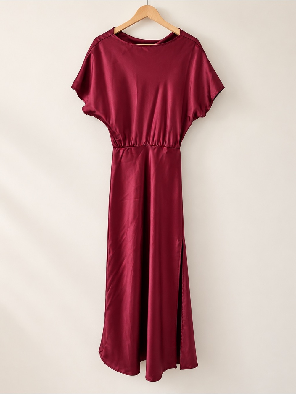 Burgundy Satin Blouson Maxi Dress Side Slit Size S Made in USA